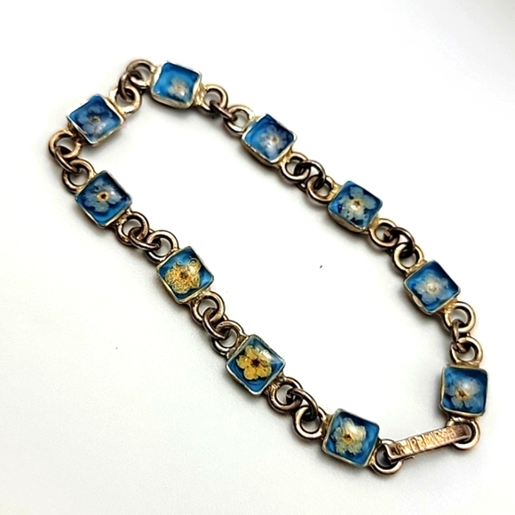 VTG Art Deco Resin Floral Tiny Flowers 925 Signed Sterling Silver Bracelet 14g